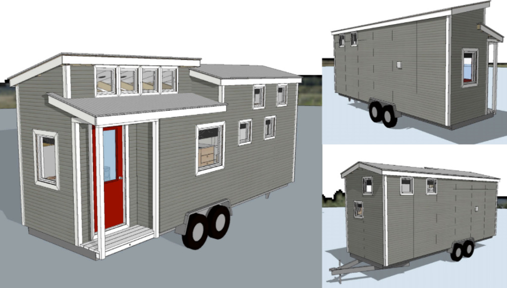 Computer rendering of three viewpoints of the Breeze tiny home on wheels by Tampa Bay Tiny Homes 